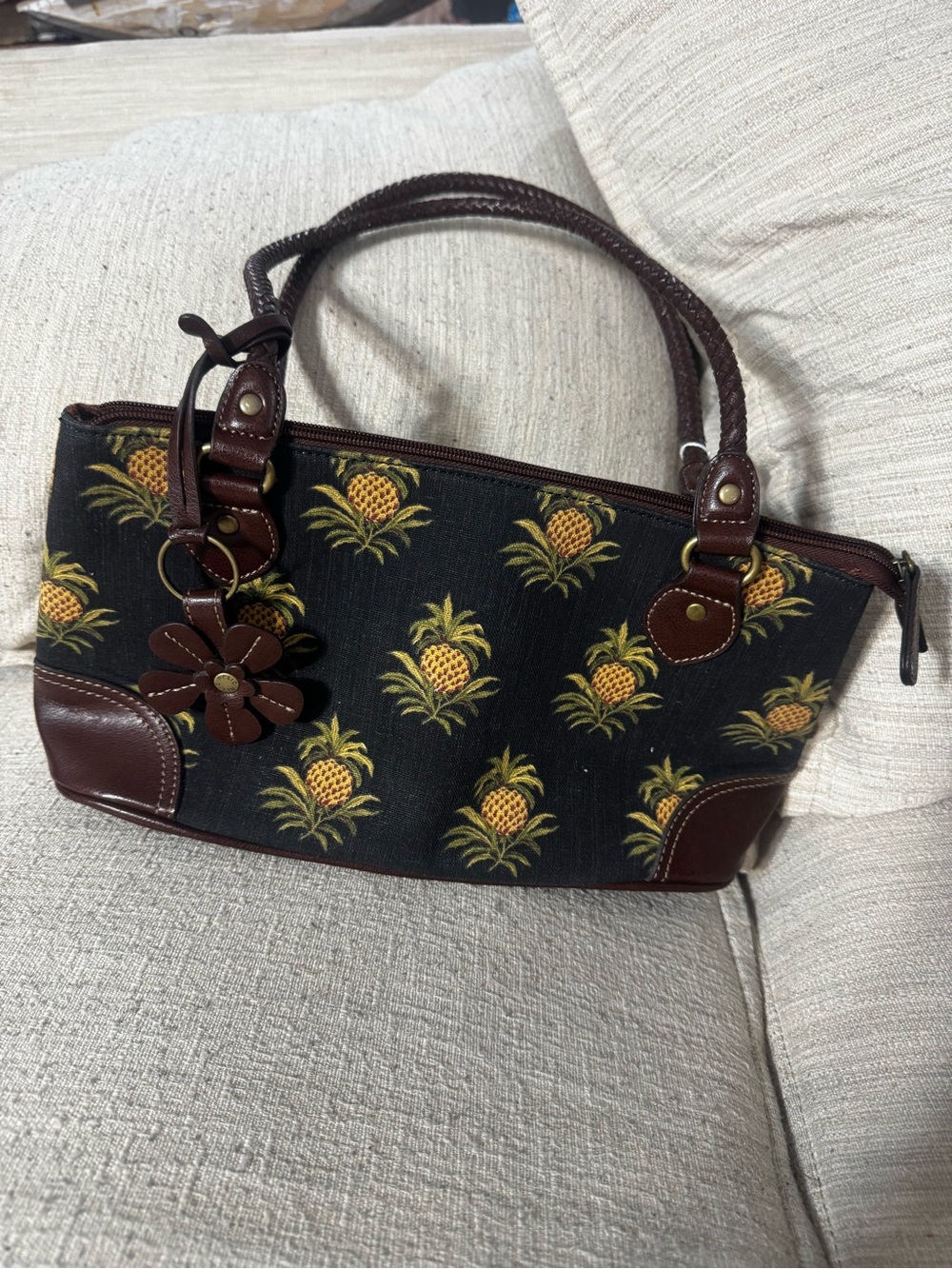 Black Pineapple-Print Shoulder Bag with Brown Trim